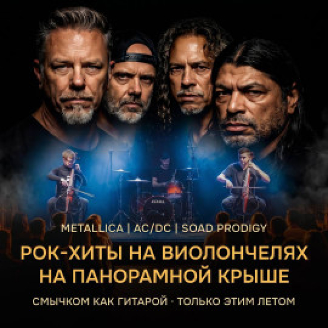 Легендарные рок-хиты на виолончелях на панорамной закрытой крыше. Metallica · AC/DC SOAD . PRODIGY. Только этим летом. в Универмаг «Цветной». Веранда на крыше, Москва – Mosbilet.ru